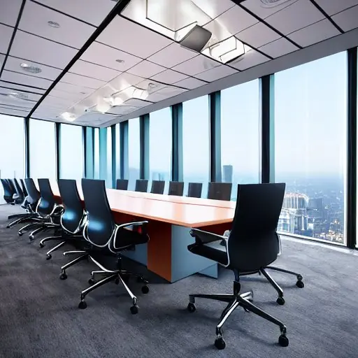Modern glass-walled boardroom overlooking cityscape, natural light, former Capital One executive in navy suit beside holographic display of AI metrics, diverse team interacting with touchscreens, soft hologram glow, polished floor reflections, dig…