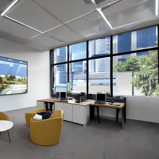 Modern office team collaborates around a table reviewing AI-generated reports on large screens displaying automated workflow dashboards, blending natural light with digital innovation.
