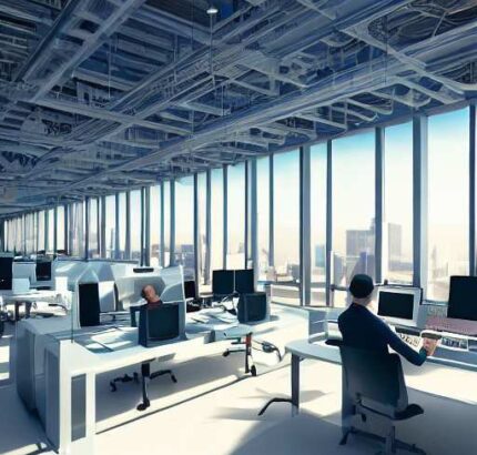 Oracle teams collaborate with AI in a futuristic workspace, streamlining enterprise software and cloud infrastructure. This harmonious blend of technology and human creativity illustrates the ideal future of work, where automation handles repetiti…