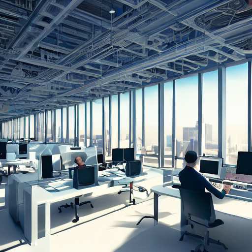 Oracle teams collaborate with AI in a futuristic workspace, streamlining enterprise software and cloud infrastructure. This harmonious blend of technology and human creativity illustrates the ideal future of work, where automation handles repetiti…