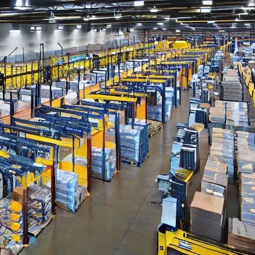 Overhead view of a high-tech smart warehouse where autonomous guided vehicles navigate between towering shelves. Soft lighting highlights barcode scanners and organized inventory rows, illustrating real-time operational agility for enterprise supp…