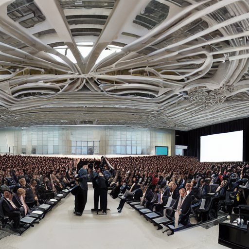 Panoramic photorealistic view of an international robotics summit in a glass‑enclosed hall, showing AI researchers, roboticists, and policymakers around a stage where a humanoid robot delivers a keynote. LED lighting shifts blue to green, illumina…