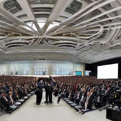 Panoramic photorealistic view of an international robotics summit in a glass‑enclosed hall, showing AI researchers, roboticists, and policymakers around a stage where a humanoid robot delivers a keynote. LED lighting shifts blue to green, illumina…