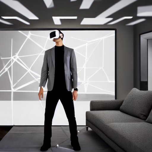 Person wearing a sleek VR headset and gray jacket in a minimalist living room, interacting with a floating holographic AI assistant that projects a 3D global data interface; the translucent semi‑robotic avatar has glowing blue circuitry and analyt…