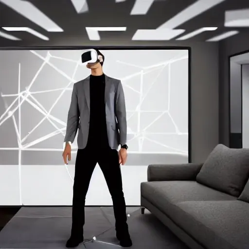 Person wearing a sleek VR headset and gray jacket in a minimalist living room, interacting with a floating holographic AI assistant that projects a 3D global data interface; the translucent semi‑robotic avatar has glowing blue circuitry and analyt…