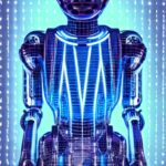 Photorealistic close‑up of a humanoid robot in a dim laboratory, metallic torso gleaming under blue LED strips, with a translucent holographic projection of Asimov’s Three Laws pulsing above it. Background shows a high‑tech control console and dig…