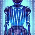 Photorealistic close‑up of a humanoid robot in a dim laboratory, metallic torso gleaming under blue LED strips, with a translucent holographic projection of Asimov’s Three Laws pulsing above it. Background shows a high‑tech control console and dig…