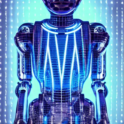 Photorealistic close‑up of a humanoid robot in a dim laboratory, metallic torso gleaming under blue LED strips, with a translucent holographic projection of Asimov’s Three Laws pulsing above it. Background shows a high‑tech control console and dig…