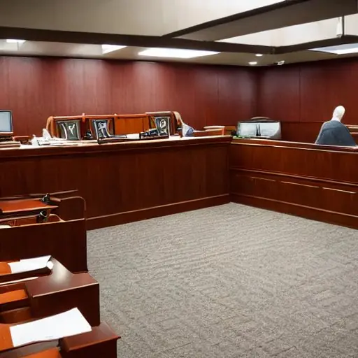 Photorealistic courtroom scene with a judge’s bench, attorneys debating, and a large screen displaying a military AI system; cinematic lighting highlights the stark contrast between legal tradition and cutting‑edge technology, with sharp details o…
