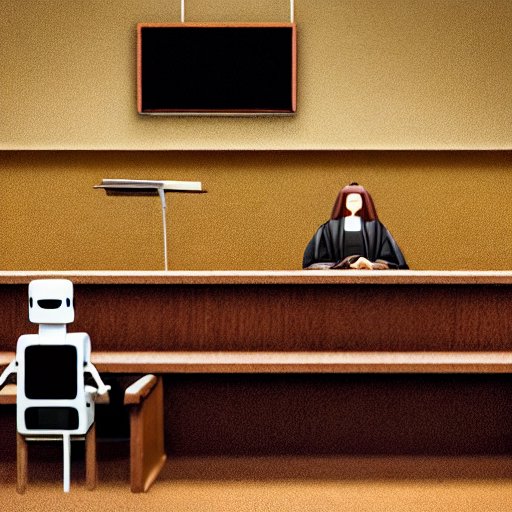 Photorealistic courtroom scene with a robot beside a human judge, surrounded by a translucent holographic display of Asimov’s Three Laws. Golden lights illuminate marble floors, reflecting the robot’s chrome body and the judge’s stern expression. …