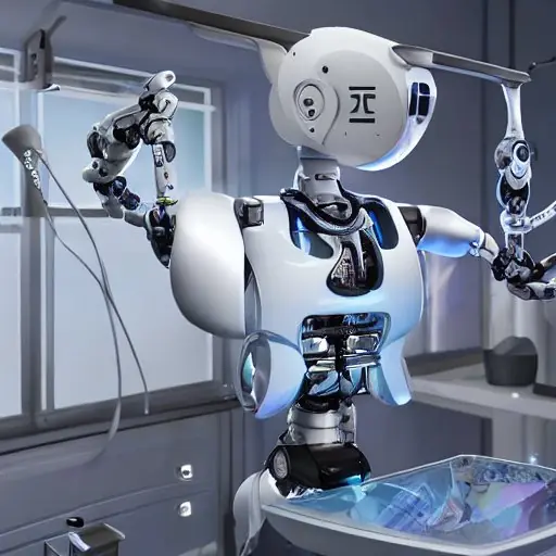 Photorealistic image of a surgical robot with polished titanium arms performing a neurosurgical procedure in a sterile operating theater, holographic overlay showing vital signs and a 3‑D brain model, illuminated by cool white LEDs, with a neurosu…