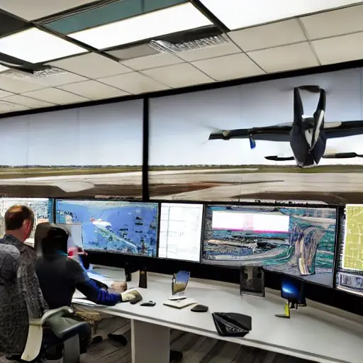 Pilots and analysts collaborate in a modern air operations center using holographic interfaces and flight data screens. Warm sunlight mixes with cool screen light, illustrating advanced military digital infrastructure and strategic planning.