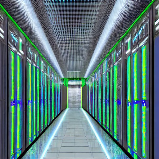 Rows of glowing server racks and fiber optic cables fill a sterile, futuristic underground data center in a secure Moroccan industrial zone, showcasing high-tech infrastructure that ensures data reliability and regulatory compliance.