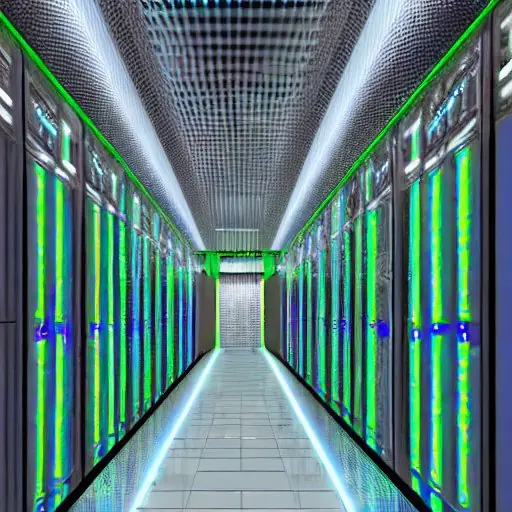 Rows of glowing server racks and fiber optic cables fill a sterile, futuristic underground data center in a secure Moroccan industrial zone, showcasing high-tech infrastructure that ensures data reliability and regulatory compliance.