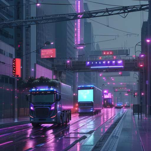 Self-driving trucks navigate a smart city logistics hub at night, guided by AI traffic systems. Drones hover nearby delivering packages, while cinematic lighting reflects off wet pavement and neon signs highlight advanced vehicle sensors.