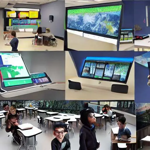 Students engage with holographic AI visualizations on tablets in a warmly lit classroom, highlighting STEM education initiatives and digital connectivity upgrades for underrepresented groups.