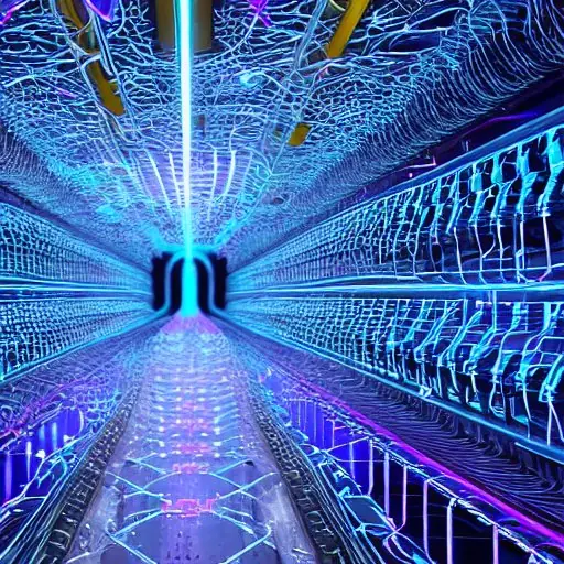 This futuristic visualization depicts a 6G network core where AI actively manages quantum data flows through fiber optics, illustrating the shift to intelligent, self-optimizing telecommunications infrastructure.