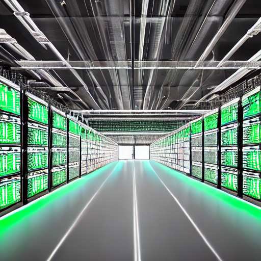 This photorealistic image shows a massive data center with rows of green LED server racks, illustrating Let's Encrypt's automated infrastructure that secures billions of websites worldwide.