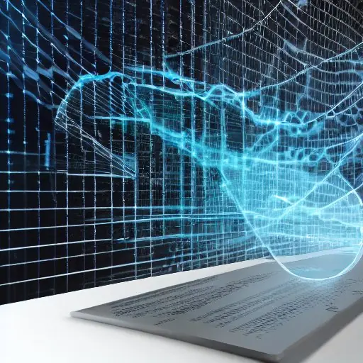 This visualization depicts autonomous AI algorithms processing data streams within a modern control room. Floating geometric shapes represent data packets moving through a transparent interface displaying real-time metrics, illustrating proactive …