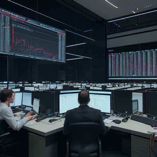 Traders on a modern floor monitor massive screens displaying real-time algorithmic data streams and predictive market models, highlighting the intersection of finance and deep learning technology.