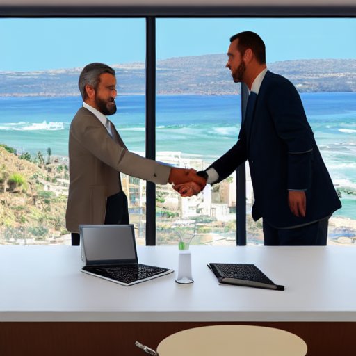 Two executives shake hands and sign a digital contract in a modern conference hall overlooking the Moroccan coast, symbolizing new international investment deals and economic growth.