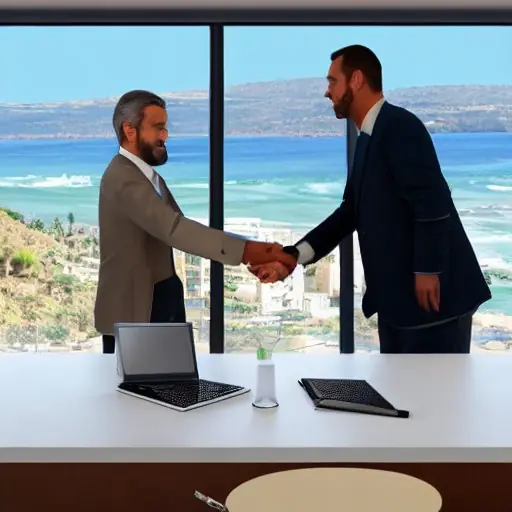 Two executives shake hands and sign a digital contract in a modern conference hall overlooking the Moroccan coast, symbolizing new international investment deals and economic growth.
