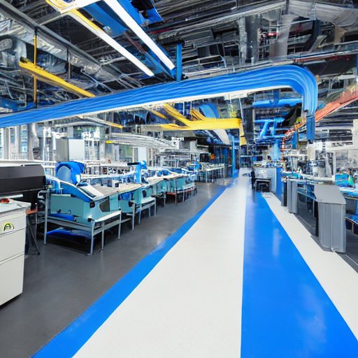 Wide‑angle view of a manufacturing plant where robotic arms assemble components on a conveyor belt. Blue lighting and daylight highlight surfaces and a steel floor. A server cluster glows amber, LEDs blinking in sync with the line. Sensor data ove…