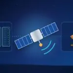 Illustration with a satellite, data center server racks and a judge's gavel