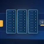Illustration with data center server racks, stacks of coins and a graphics card