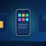 Illustration with a smartphone, stacks of coins and a radio mast