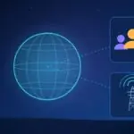 Illustration with a globe, a group of people and a radio mast