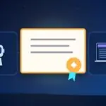 Illustration with a certificate, an AI robot and a laptop