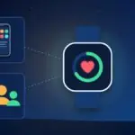 Illustration with a smartwatch, a smartphone and a group of people