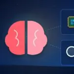 Illustration with a brain, a processor chip and a magnifying glass