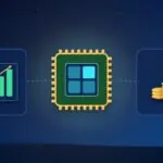 Illustration with a processor chip, a rising chart and stacks of coins