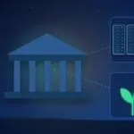 Illustration with a classical building, data center server racks and a green sprout
