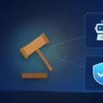 Illustration with a judge's gavel, an AI robot and a security shield