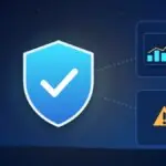Illustration with a security shield, a rising chart and a warning sign