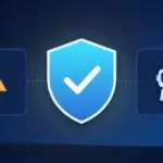 Illustration with a security shield, a warning sign and an AI robot