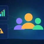 Illustration with a group of people, a rising chart and a warning sign