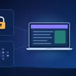 Illustration with a laptop, a padlock and a neural network