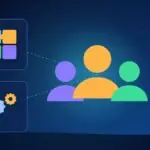 Illustration with a group of people, puzzle pieces and gears