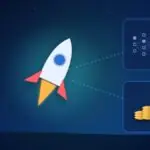 Illustration with a rocket, a neural network and stacks of coins