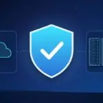 Illustration with a security shield, a cloud and data center server racks