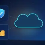 Illustration with a cloud, a security shield and stacks of coins
