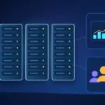 Illustration with data center server racks, a rising chart and a group of people