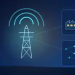 Illustration with a radio mast, a factory and a network of nodes