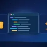 Illustration with a code editor, stacks of coins and a judge's gavel
