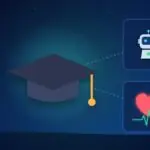 Illustration with a graduation cap, an AI robot and a heart with a heartbeat line