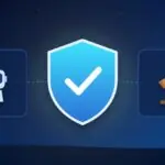 Illustration with a security shield, an AI robot and a judge's gavel
